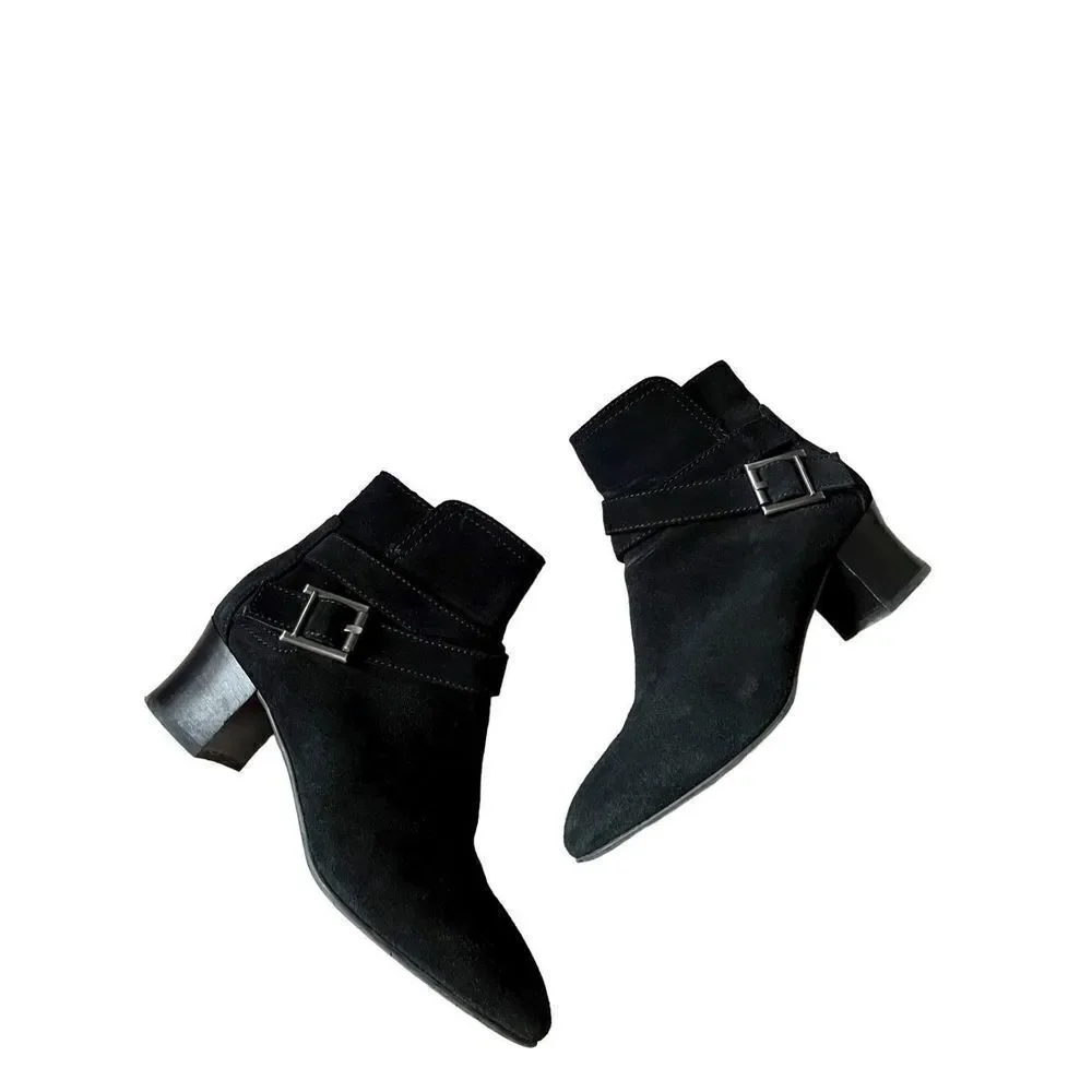 Aquatalia Ankle Boots Womens‎ Size 7.5 Strap Buckle Black Suede